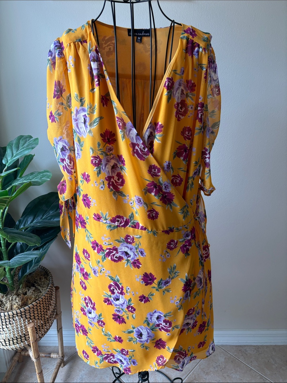Monteau Floral Wrap-Front Tunic Dress in Yellow